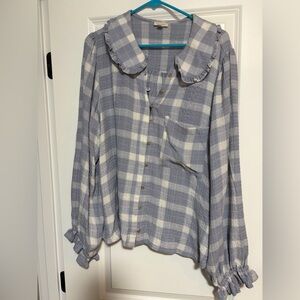 Pilot Blue and White Plaid Button-Up Blouse